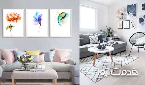 تزیین و دکوراسیون  دیوار پذیرایی با تابلوهای هنری