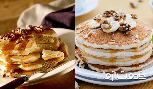 تزیین پنکیک با عسل و موز و گردو پنکیک ساده پخته