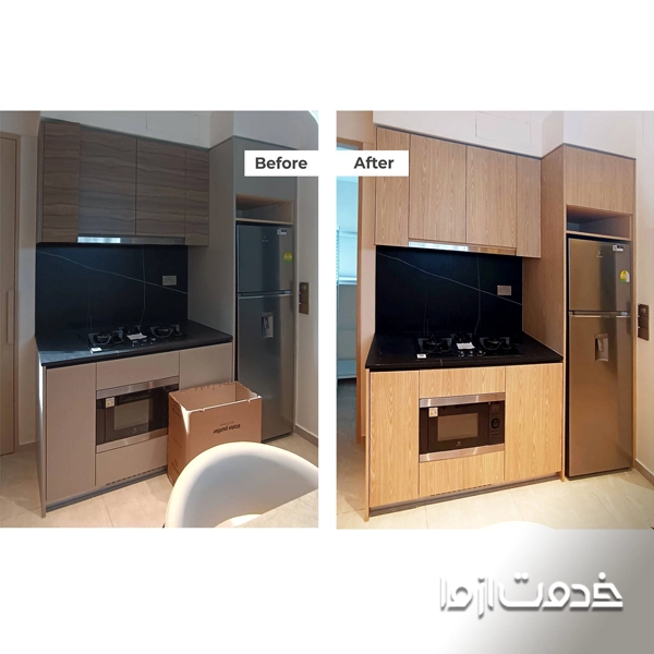 نحوه چسباندن برچسب کابینت قبل و بعد