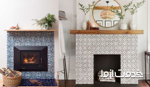 تزئین شومینه سه گوش با کاشی براق