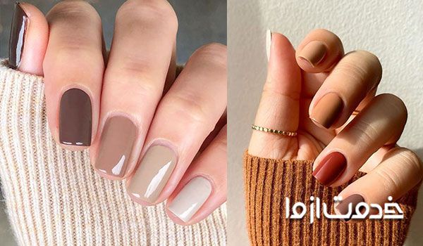 ژلیش ناخن پاییزی رنگ مسی و طوسی و طرح برگ