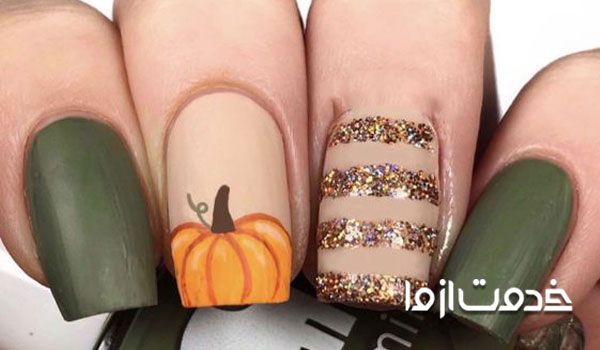 ژلیش ناخن پاییزی با رنگ سبز و طرح دار