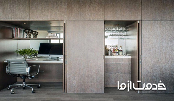 طراحی کمد دیواری با میز تحریر و کتابخانه کوچک