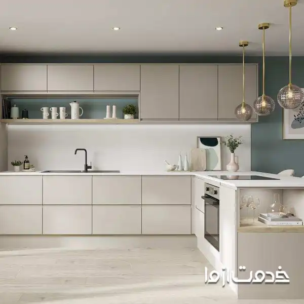 کابینت های گلاس سفید و رنگ بژ و نود