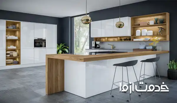 کابینت های گلاس سفید و طرح چوب مدرن