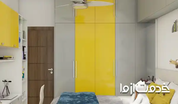 ترکیب رنگ زرد و خاکستری کمد دیواری 