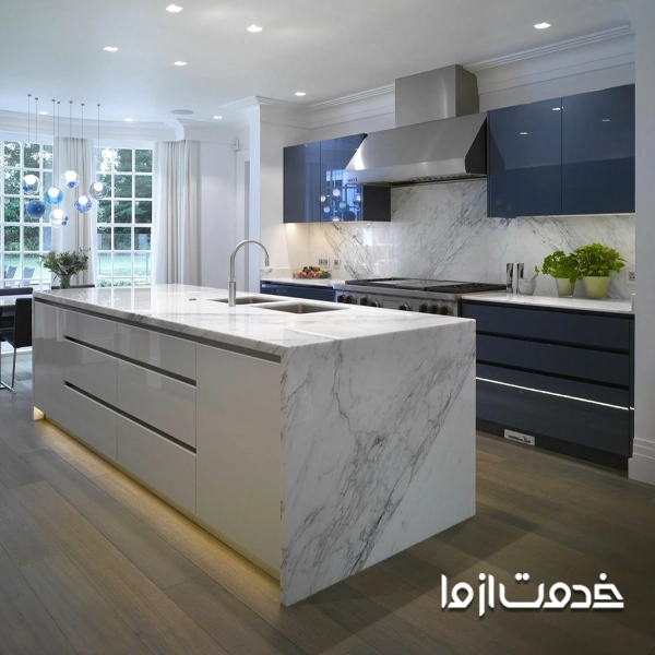 سفید و آبی زیباترین ترکیب رنگ کابینت های گلاس