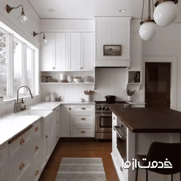 طرح کابینت آشپزخانه مستطیل L با جزیره