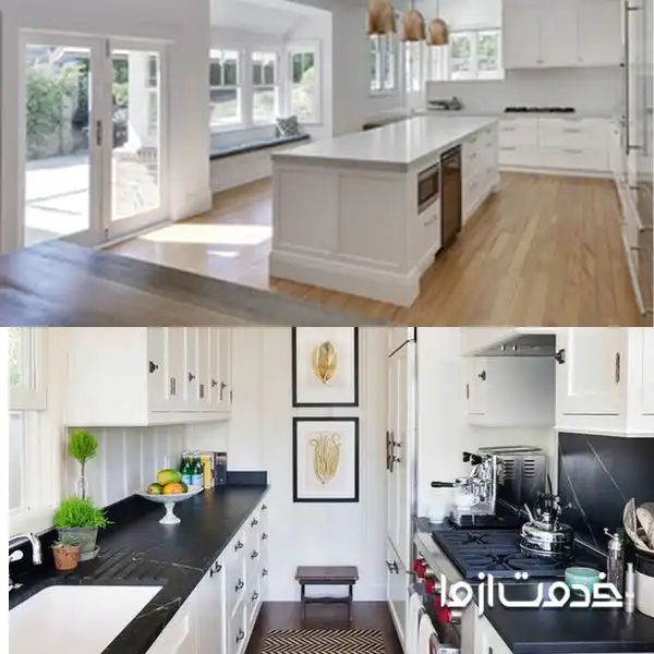 مقایسه طراحی کابینت با جزیره و کابینت دو طرفه