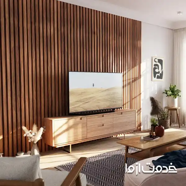 تزیین دیوار پشت تلویزیون با چوب بلوط