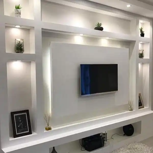 انواع دکور تلویزیون روی دیوار با دکور کناف با قاب های برجسته