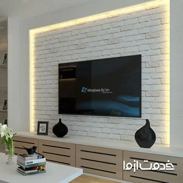 تریین دیوار پشت تلویزیون با آجر سفید دکوراتیو