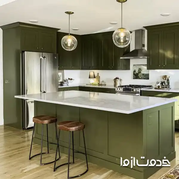 سبز زیتونی رنگ مدرن و خاص برای کابینت آشپزخانه کوچک