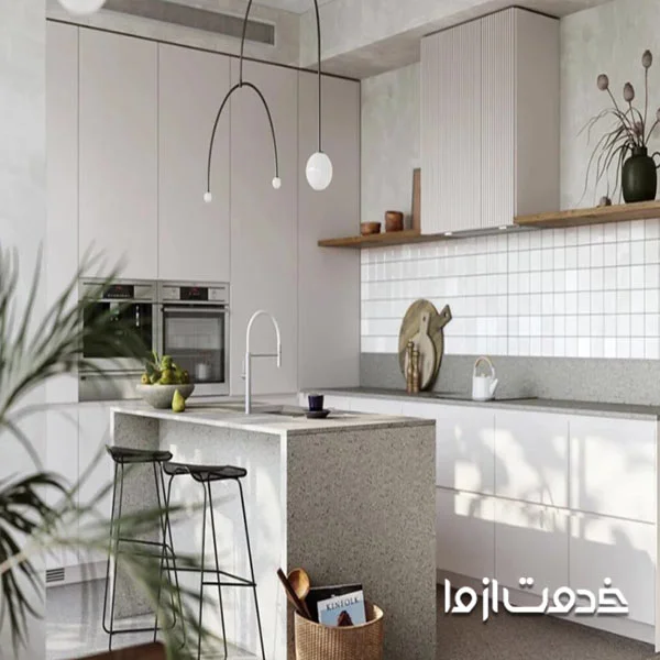 طراحی کابینت شکل ال با رنگ خنثی