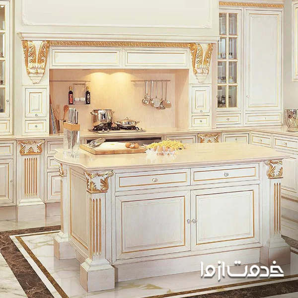 کابینت چوب طبیعی سفید و طلایی