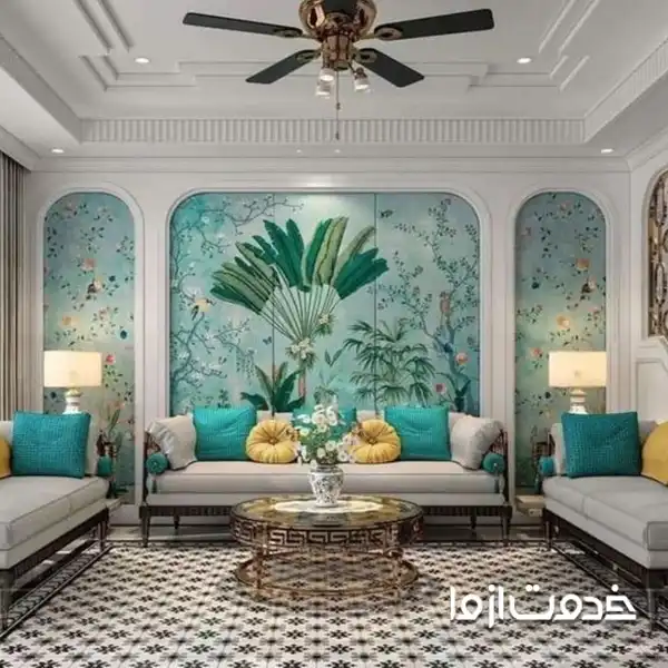 ترکیب رنگ و کاغذ دیواری پذیرایی جدید