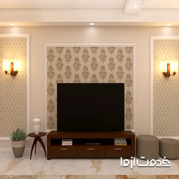 استفاده از رنگ‌های گرم با کاغذ دیواری ساده در پذیرایی