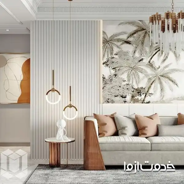  رنگ‌های گرم و کاغذ دیواری ساده در پذیرایی