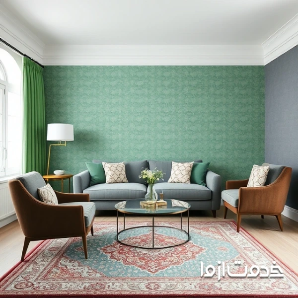 ترکیب رنگ سبز یشمی و طوسی برای پذیرایی