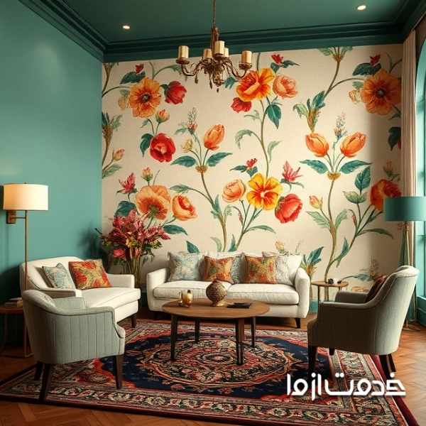 ترکیب کاغذ دیواری ساده و گلدار