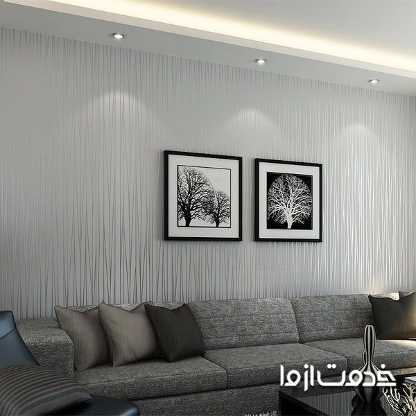 ترکیب رنگ کاغذ دیواری سفید و خاکستری برای پذیرایی