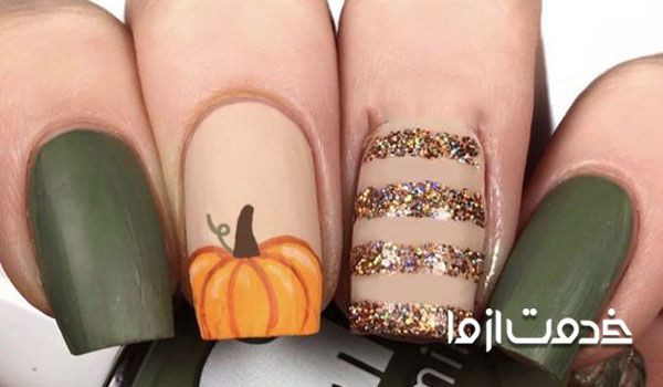ژلیش ناخن پاییزی با رنگ سبز و طرح دار